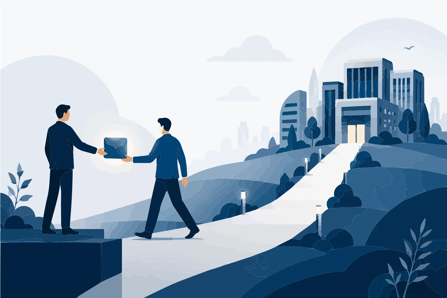 An advisor handing your case forward toward the rating agency, representing Neofincred taking your business from first conversation to the agency's door.