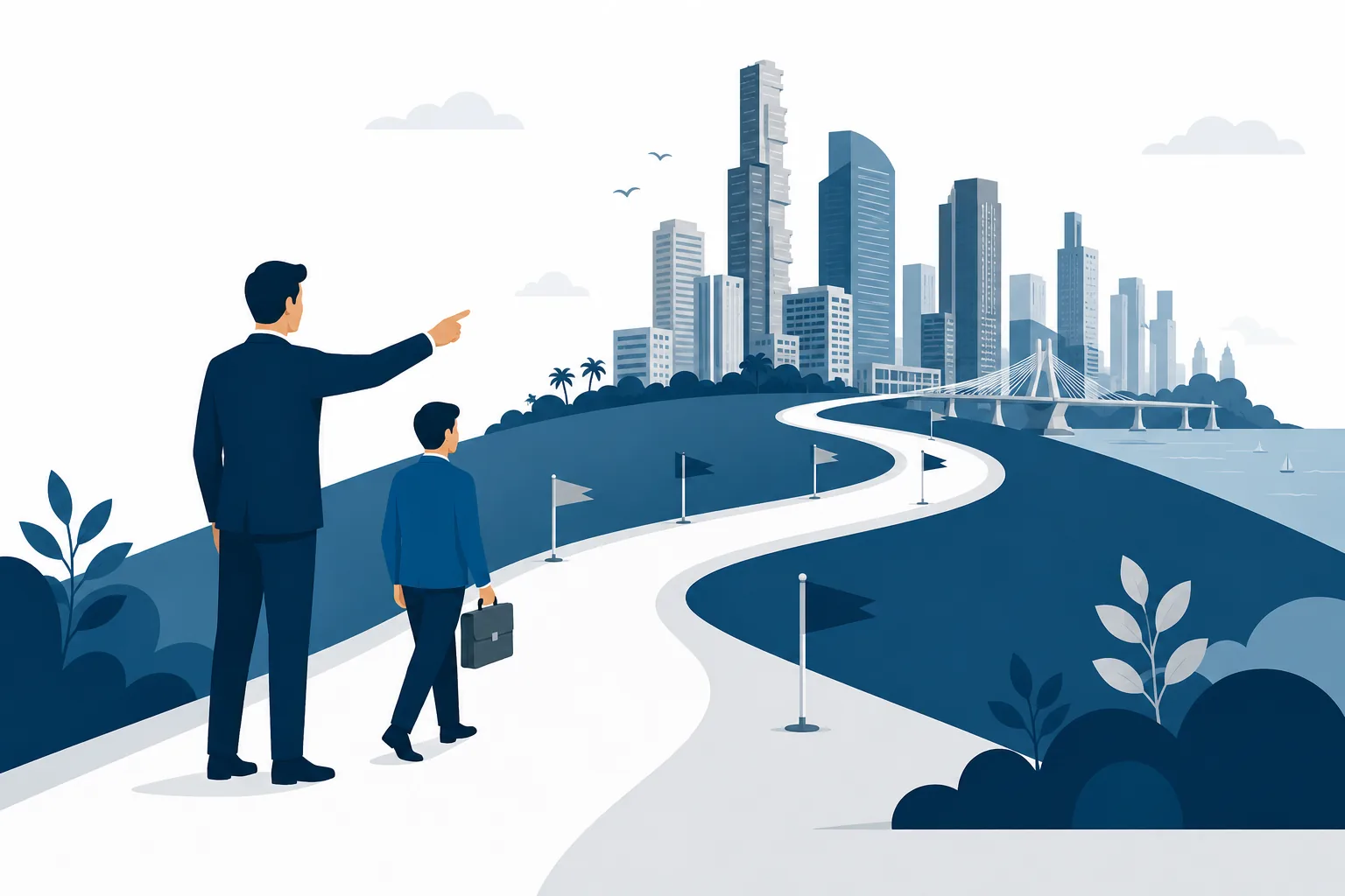 An advisor guiding a business owner along a clear, marked path toward the destination, representing the structured engagement Neofincred provides.